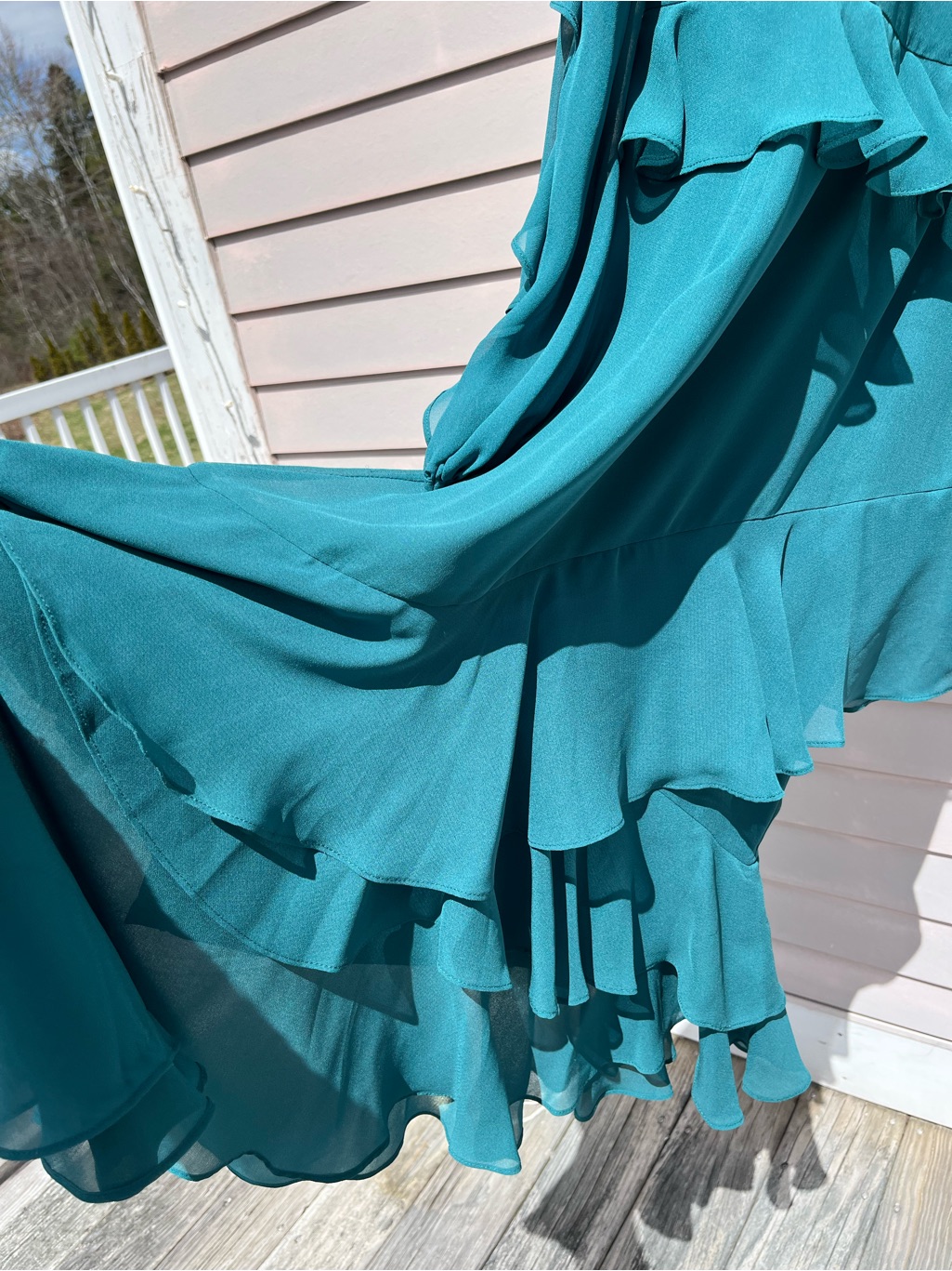 Asymmetrical Ruffle Teal Long-Sleeve Dress